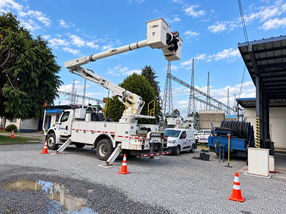 Equipos hidroelevadores estacionados con sus brazos elevados en un área de trabajo.